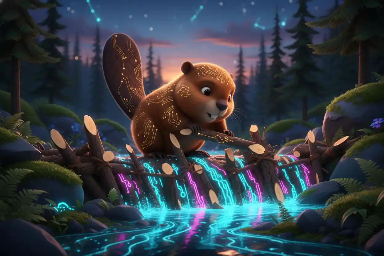 Baby beaver building a dam beside a glowing digital stream