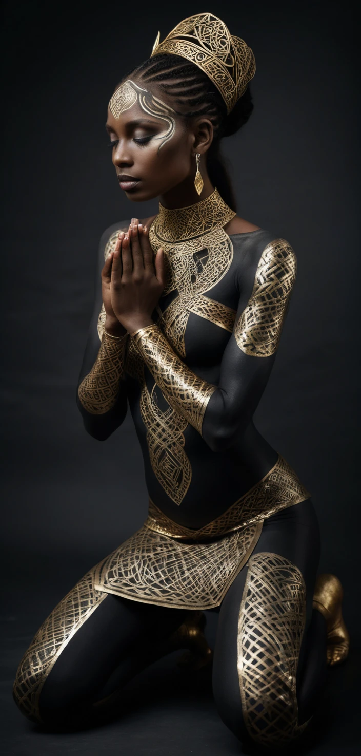 Kneeling woman with intricate Celtic body painting