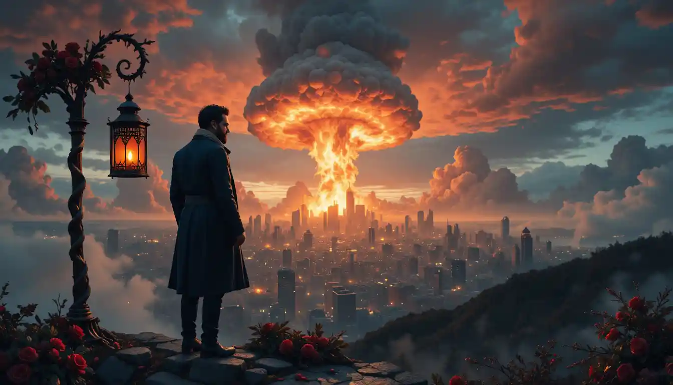 Surrealistisches Doppelbelichtungs‑Porträt eines Mannes und einer Stadtlandschaft