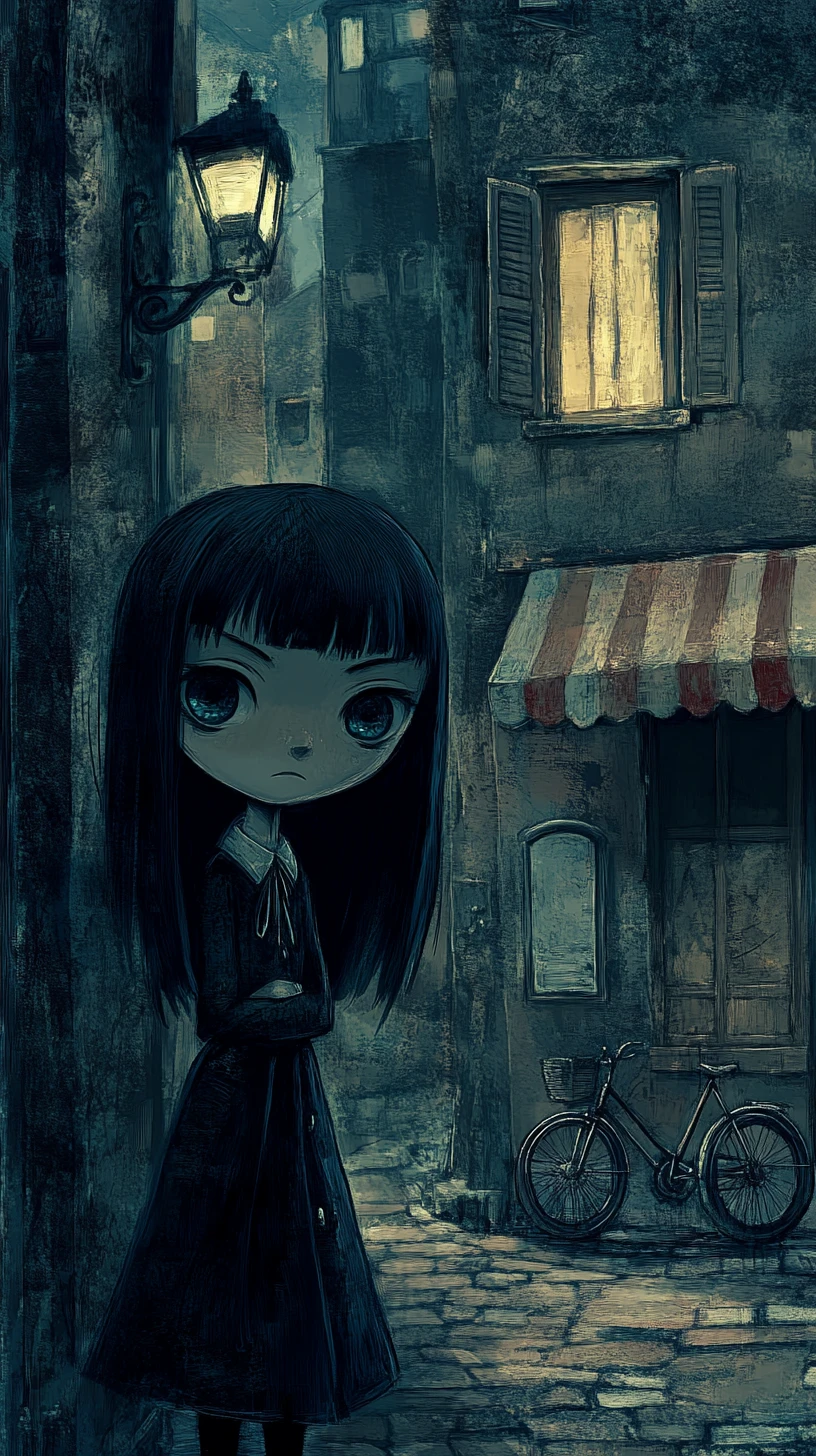 Écolière d’anime mélancolique dans une ruelle urbaine sombre