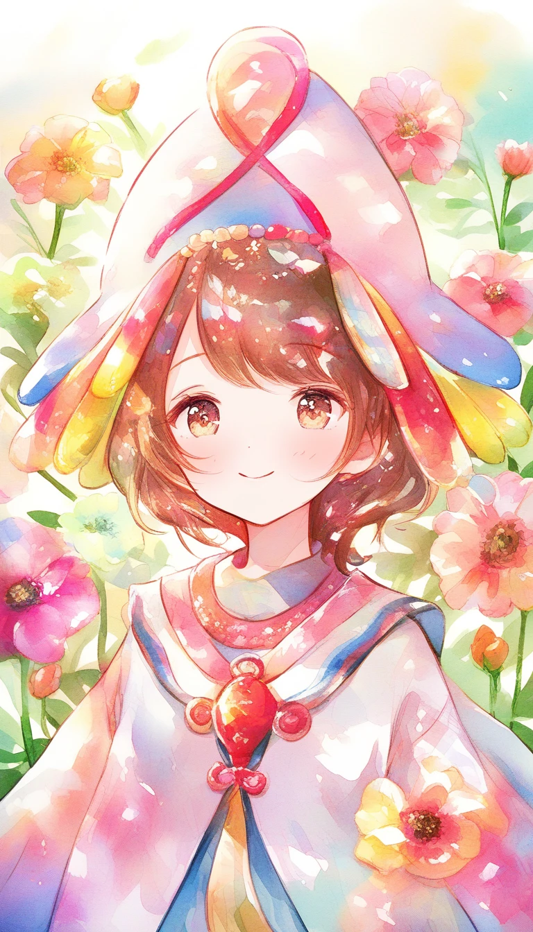 Smiling girl in a floral outfit under a sunny sky