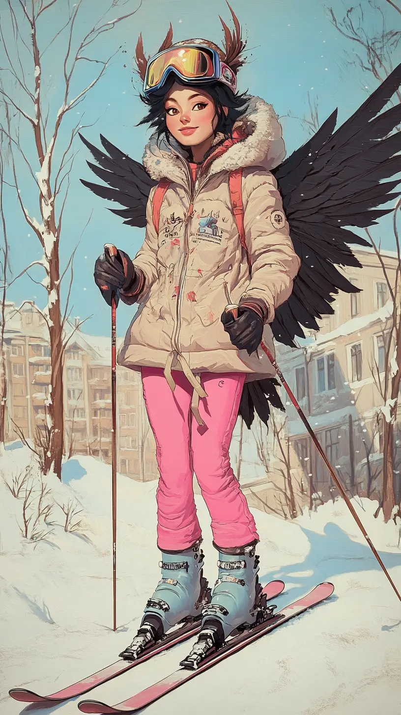 Harpy girl in pop art style on a snowy city street