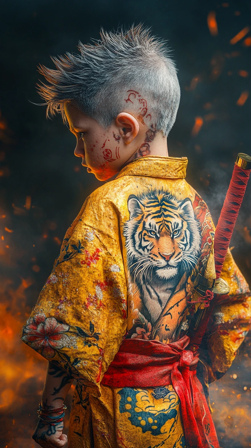 Chico tatuado con kimono amarillo sosteniendo una katana entre el humo