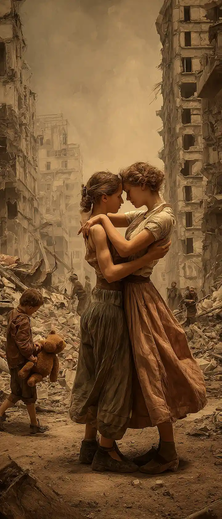 Two young women waltz together in a ruined city street