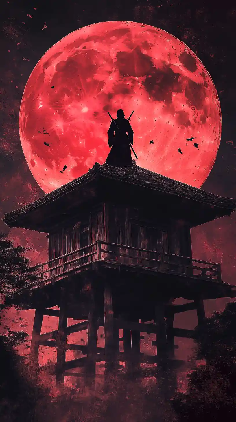 Samurai mulher protegendo uma vila sob uma lua vermelha