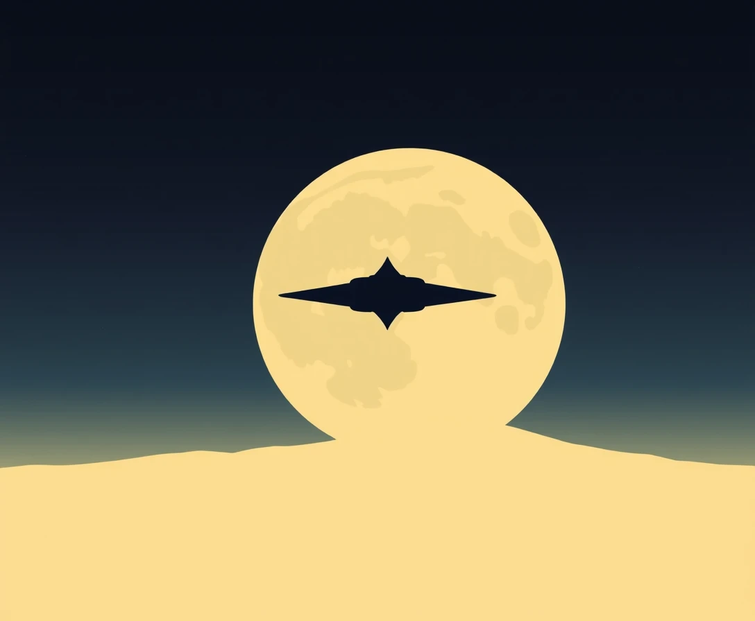 Silueta minimalista de nave espacial frente a una luna gigante