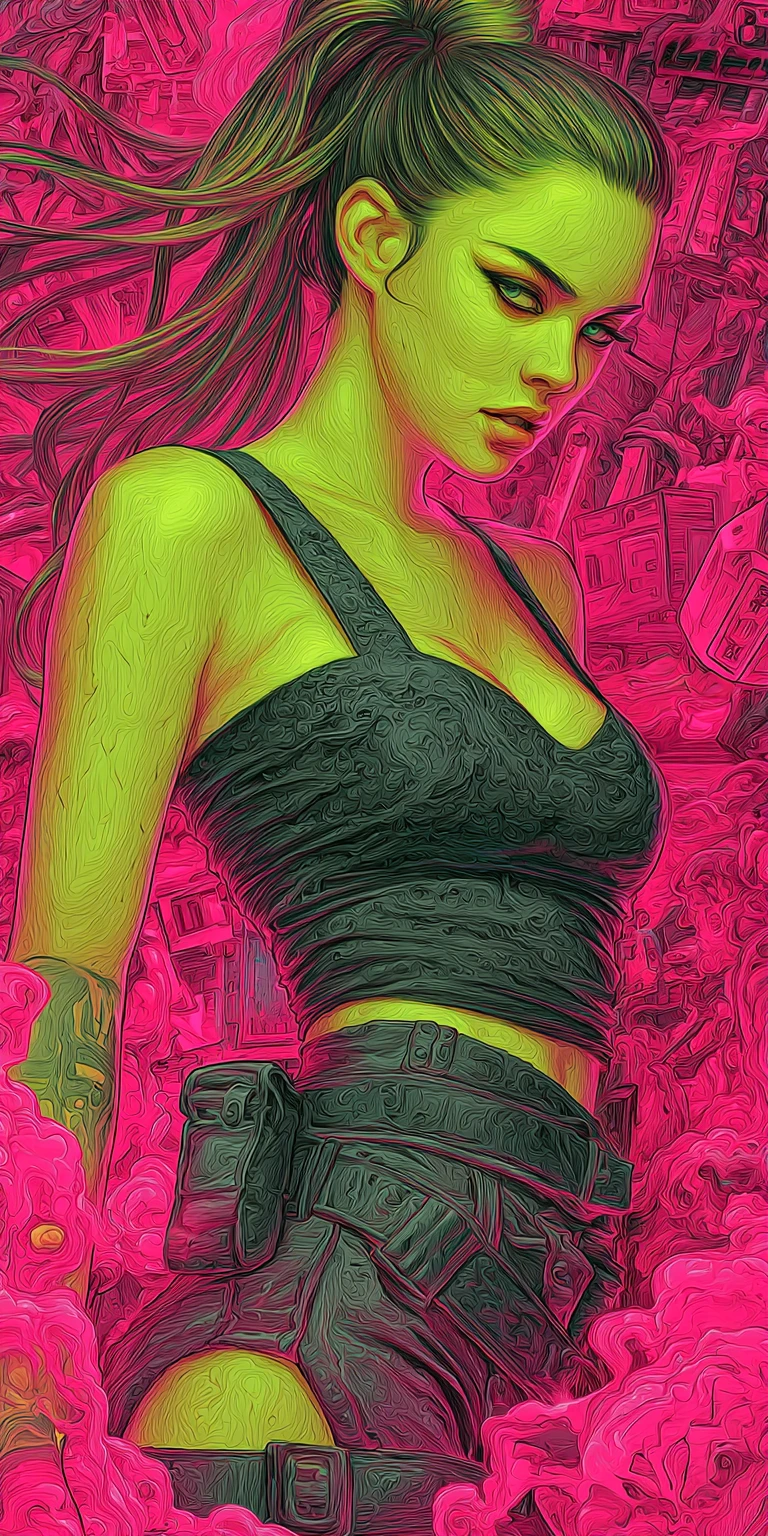 Femme fatale with iridescent hair in neon surreal realm