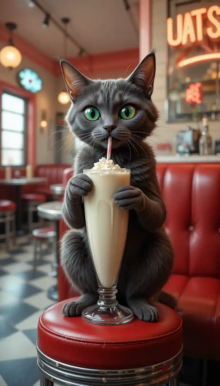 Gatto color carbone dagli occhi sporgenti che sorseggia un frappè alla vaniglia