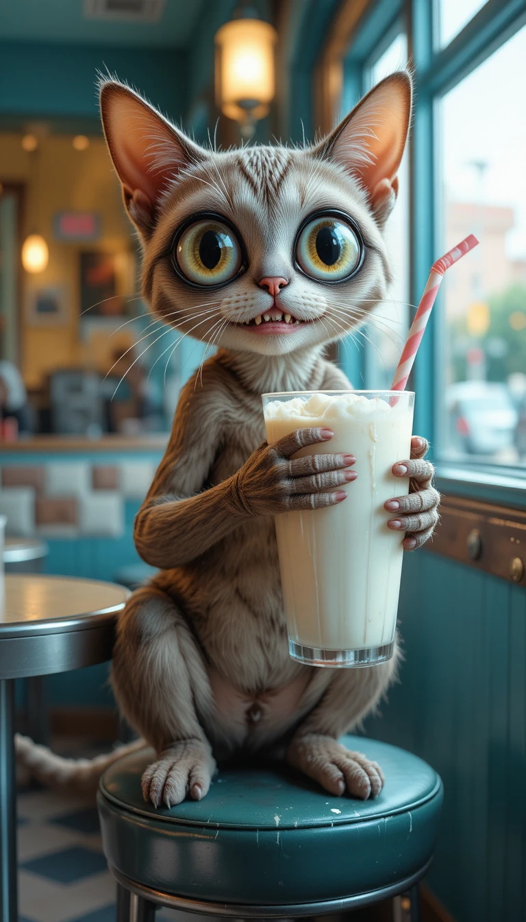 Cartoon cat sipping a vanilla milkshake in a retro diner