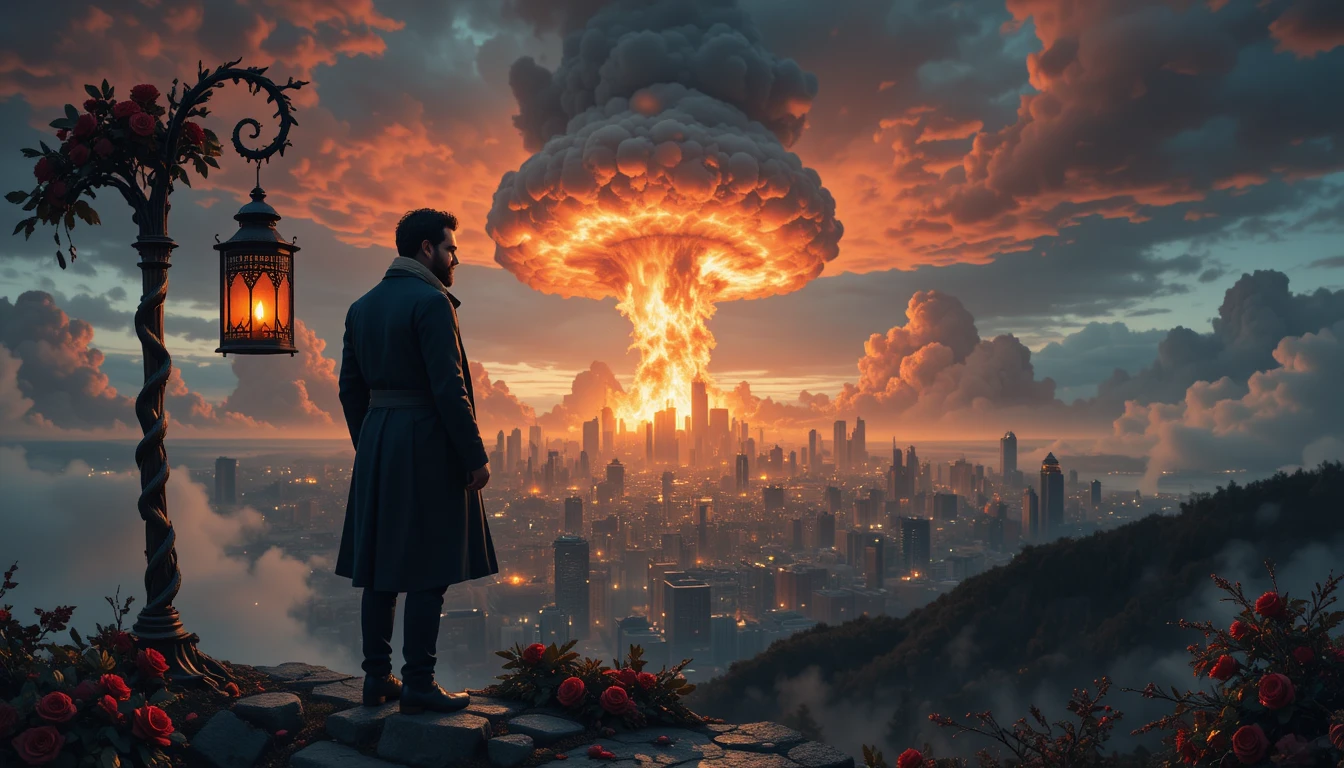 Surrealistisches Doppelbelichtungs‑Porträt eines Mannes und einer Stadtlandschaft