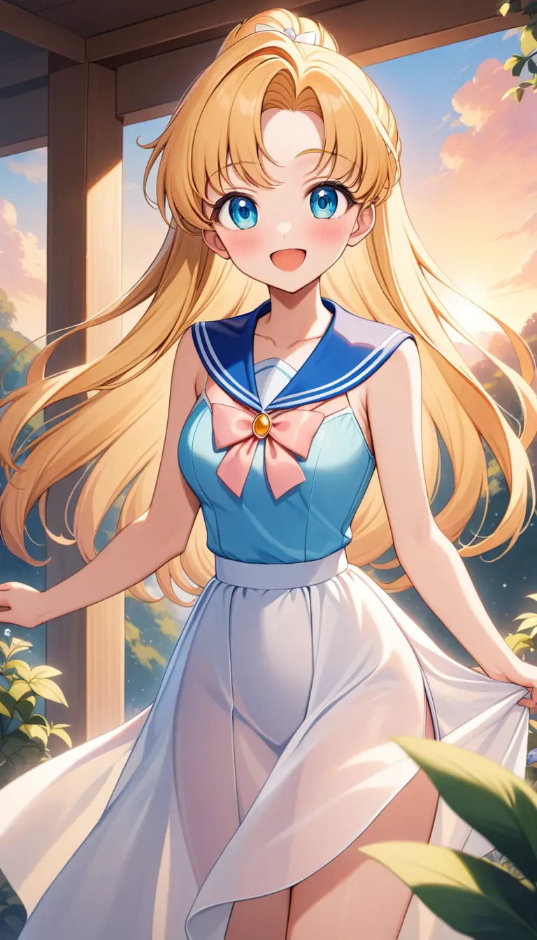 Smiling blonde anime girl at sunset in outdoor scene