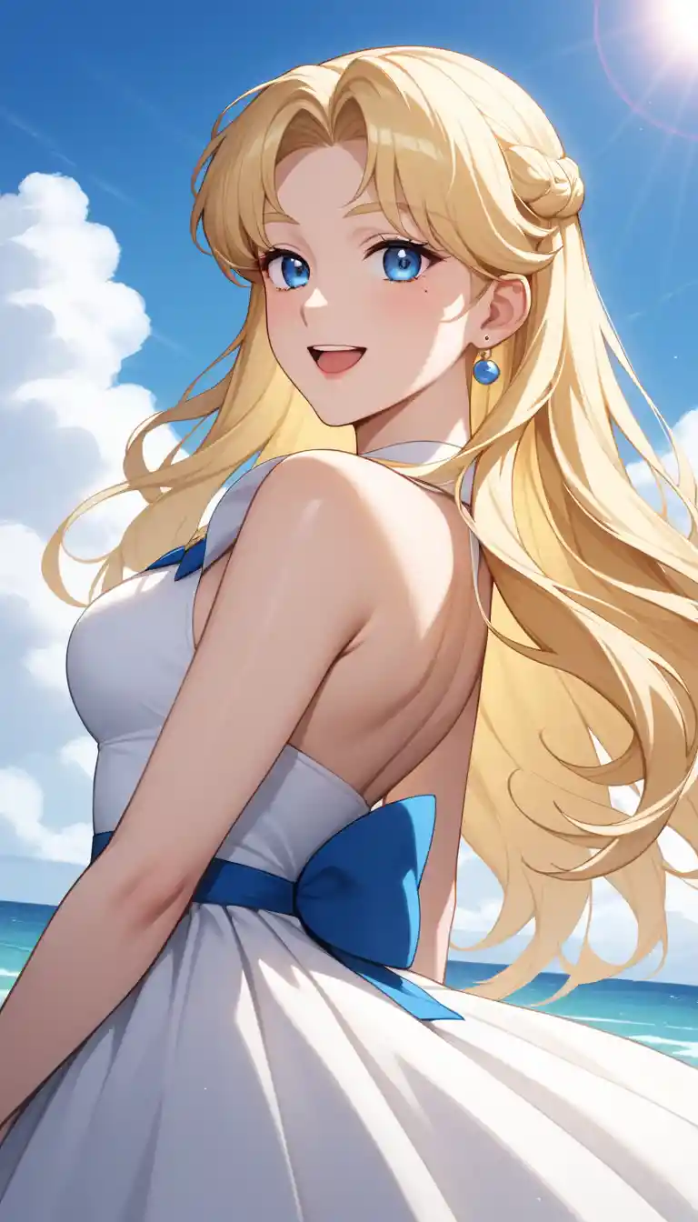 Joyful blonde anime girl in sunset outdoor scene