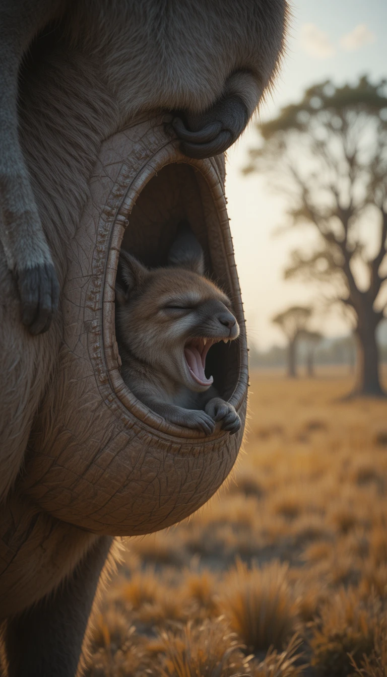 Baby kangaroo yawning in its mothers sunlit pouch