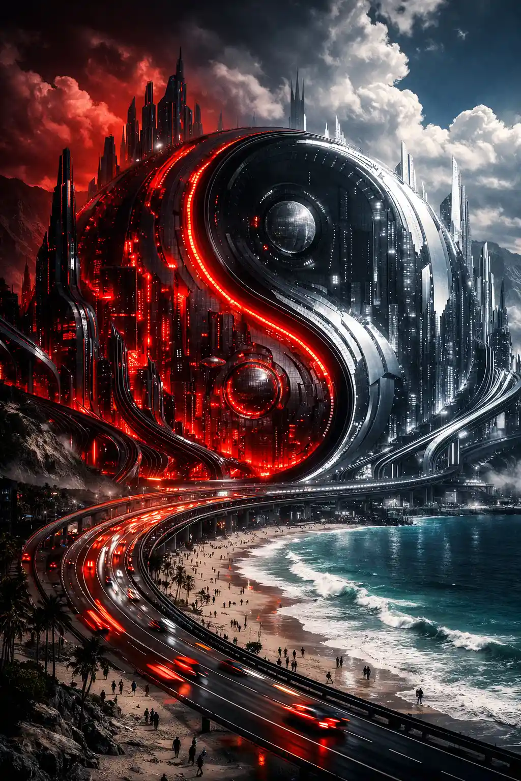 Futuristic yin yang megastructure city on a dramatic coast