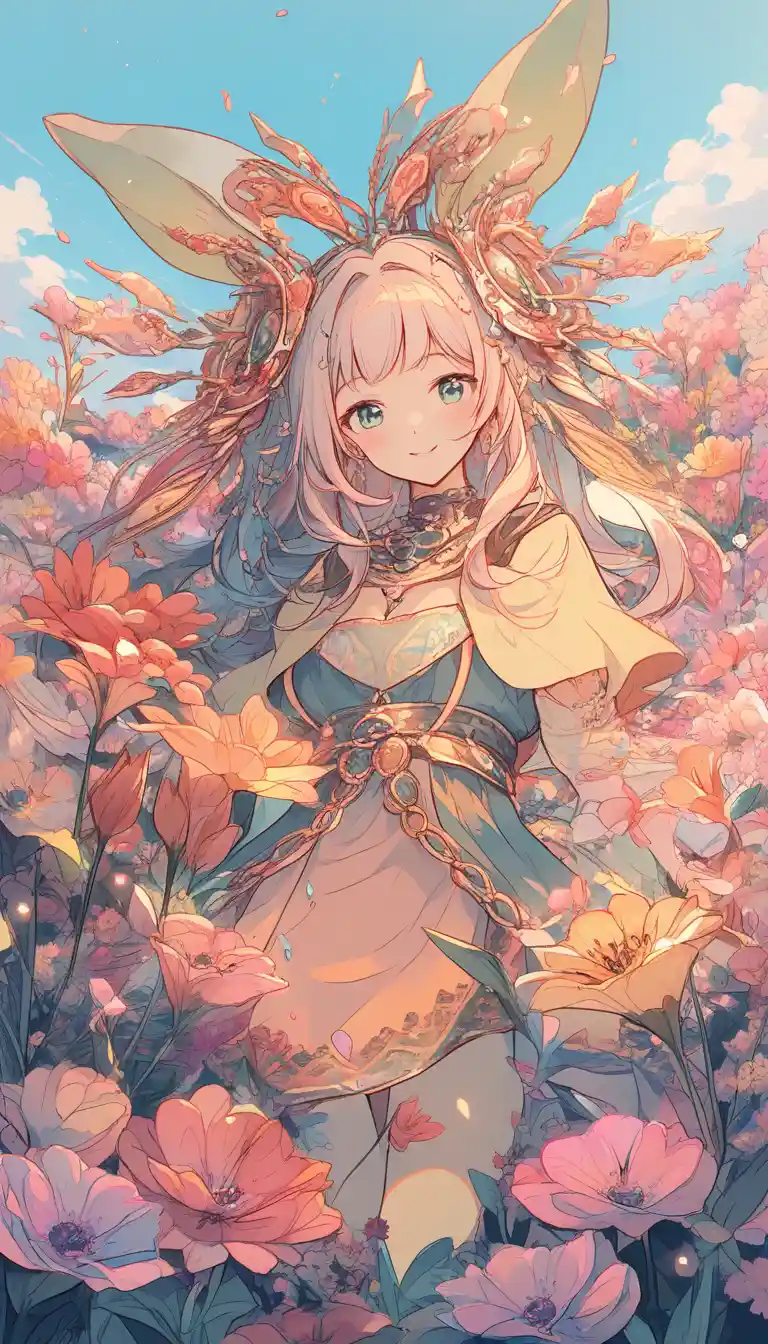 晴空下身穿花卉服飾的微笑女孩