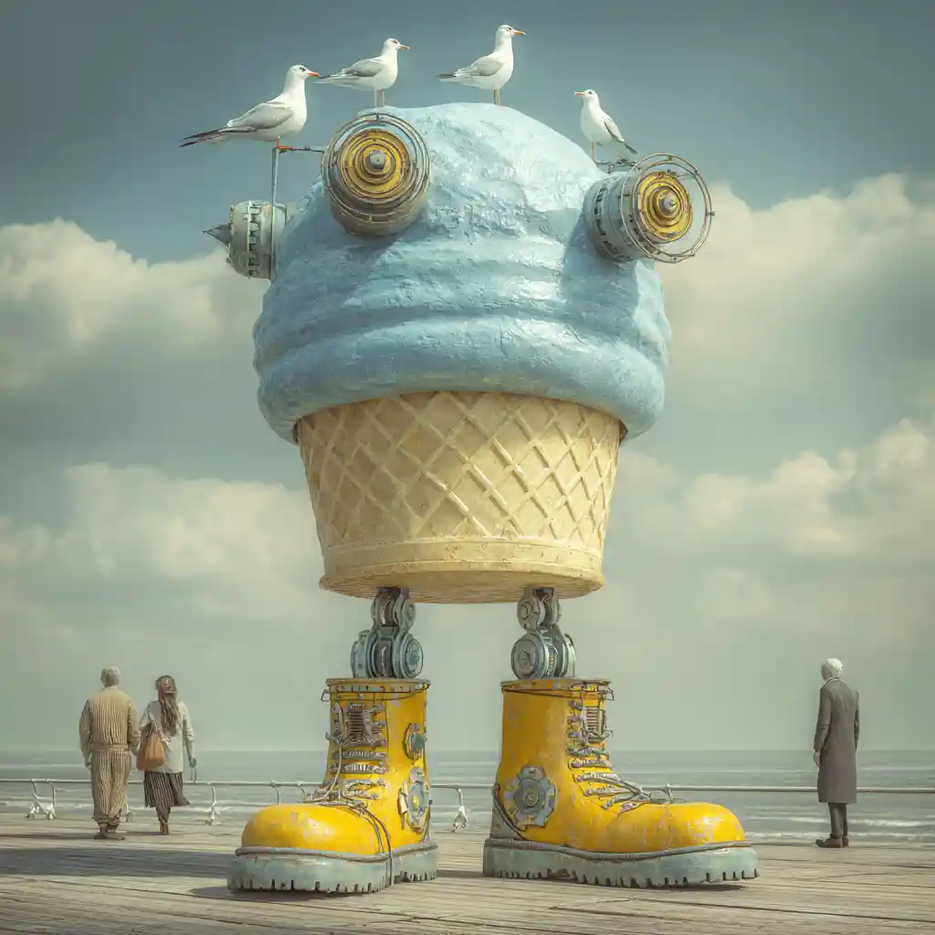Criatura de Helado Surrealista en un Muelle Junto al Mar