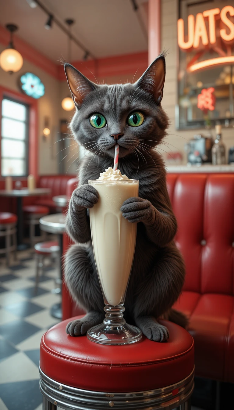 Googly eyed charcoal cat sipping a vanilla milkshake