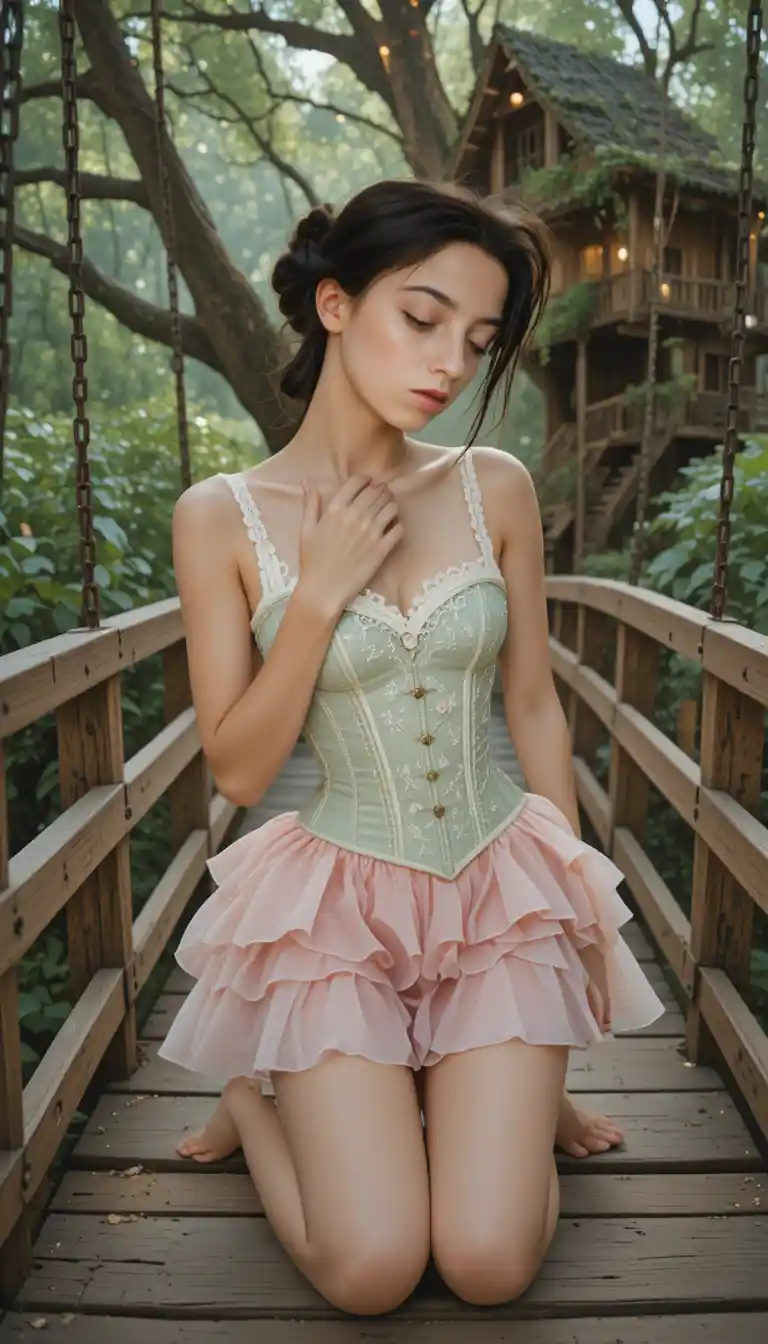 Young woman kneeling on a rustic bridge in soft light
