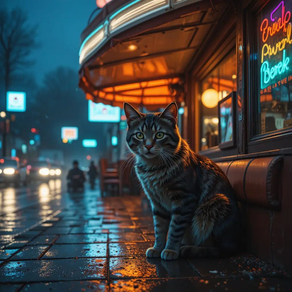 Lonely stray cat under neon diner awning in rain