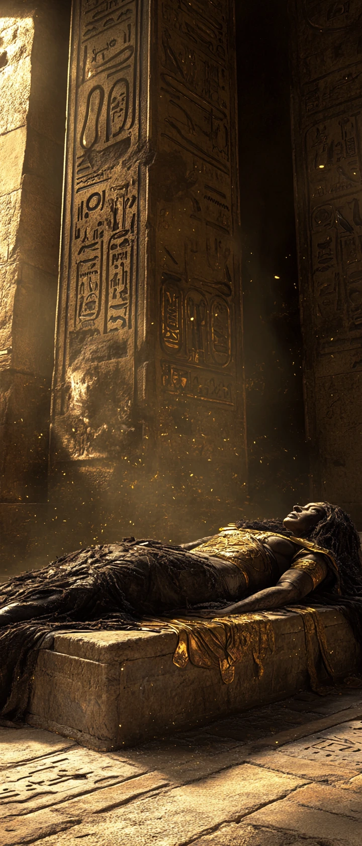 Cleopatra mummificata su divano di pietra in tempio egizio