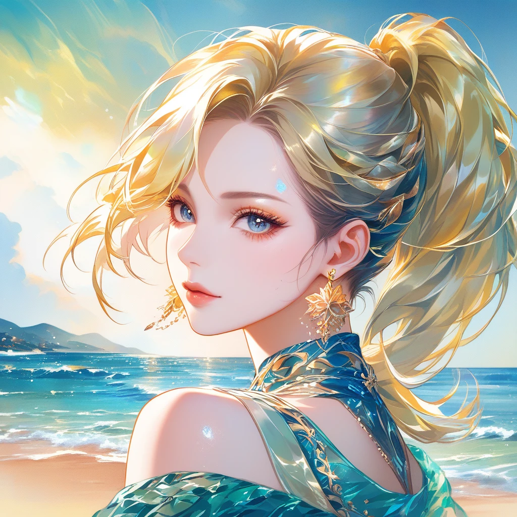 Watercolor portrait of a blonde woman by the sea