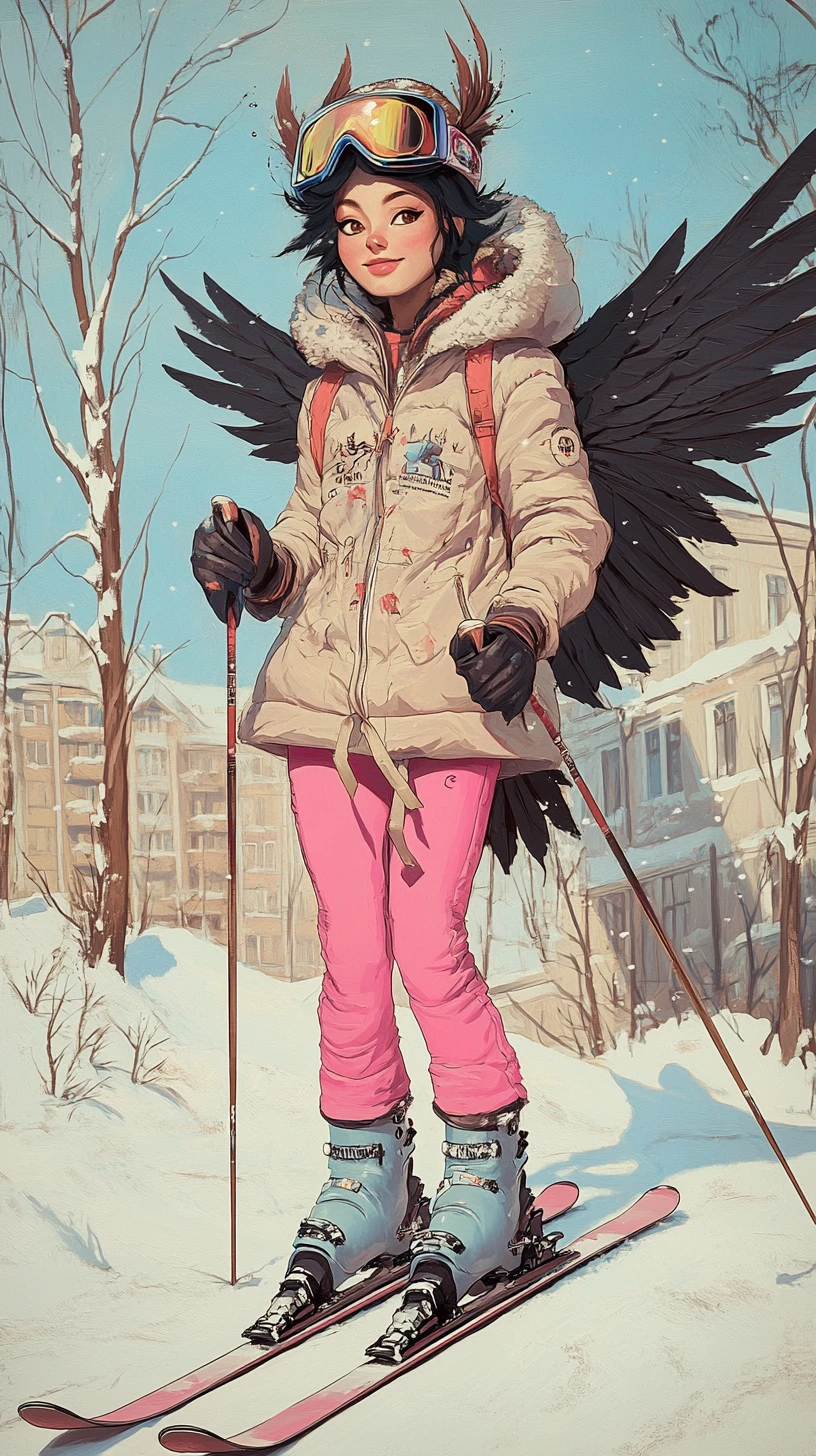 Harpy girl in pop art style on a snowy city street