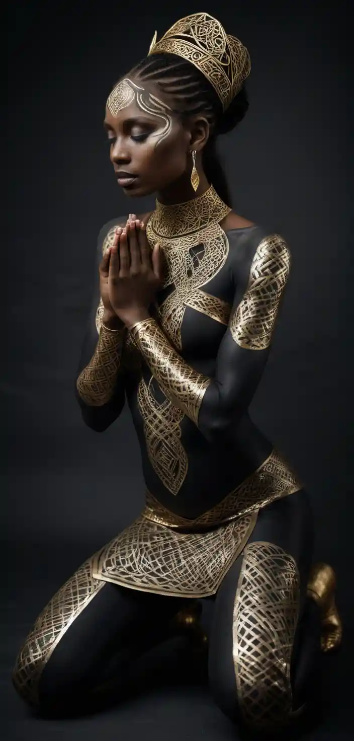 Kneeling woman with intricate Celtic body painting