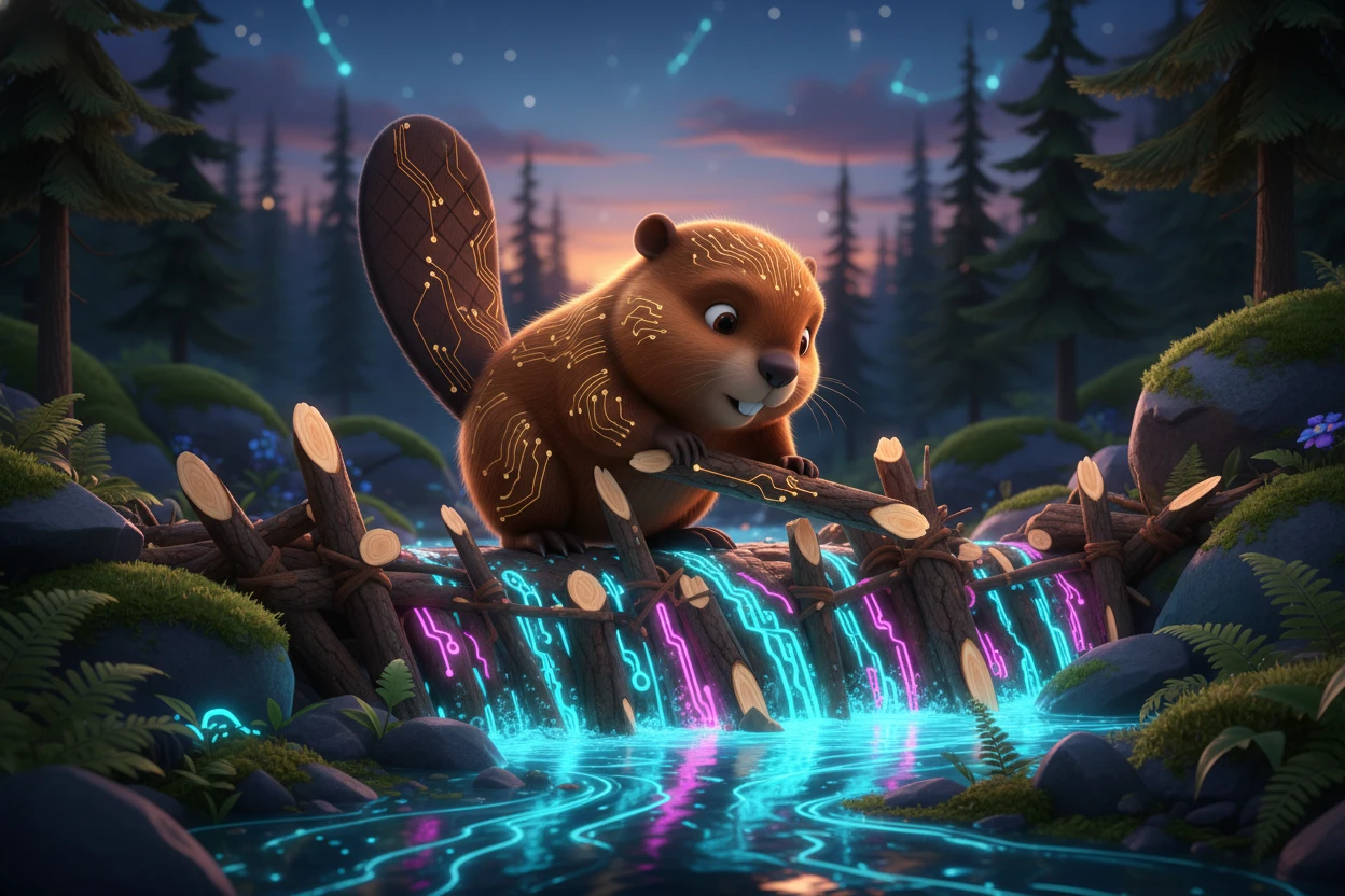 Baby beaver building a dam beside a glowing digital stream