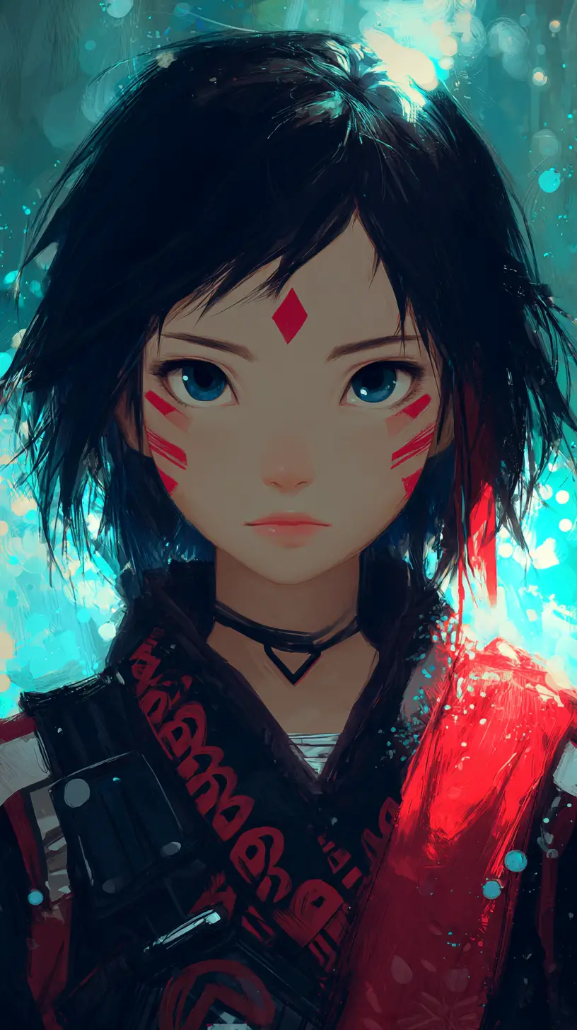Futuristic anime girl with blue eyes and red markings