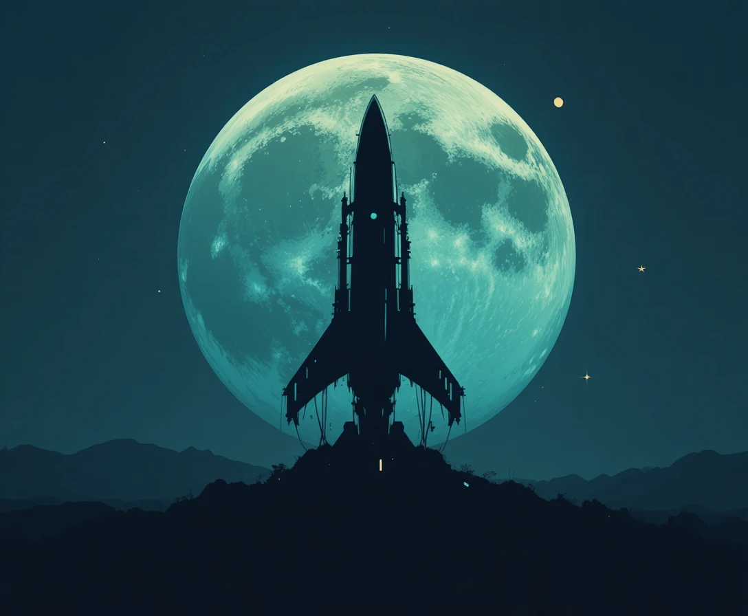 Minimalist spaceship silhouette against a huge lunar backdrop