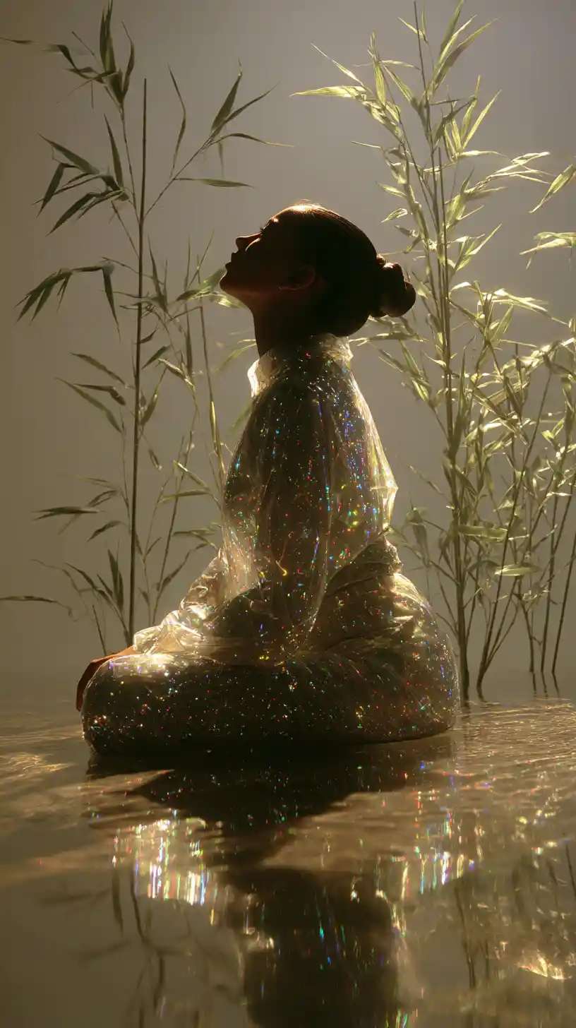 Chica en silueta meditando entre bambús con vestido brillante