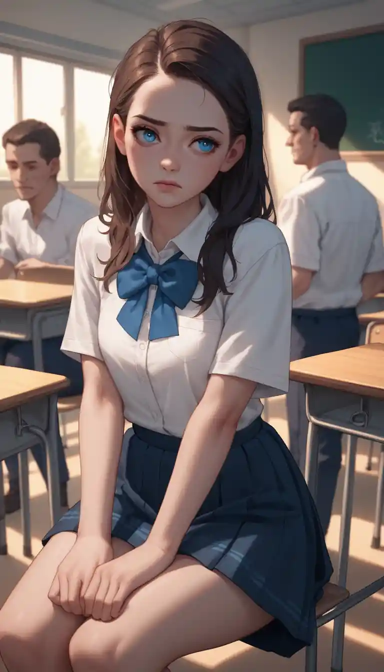 Sad young girl in a dimly lit classroom close up