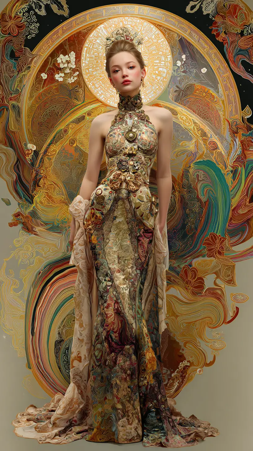 Elegant woman in antique evening gown amid colorful vortex