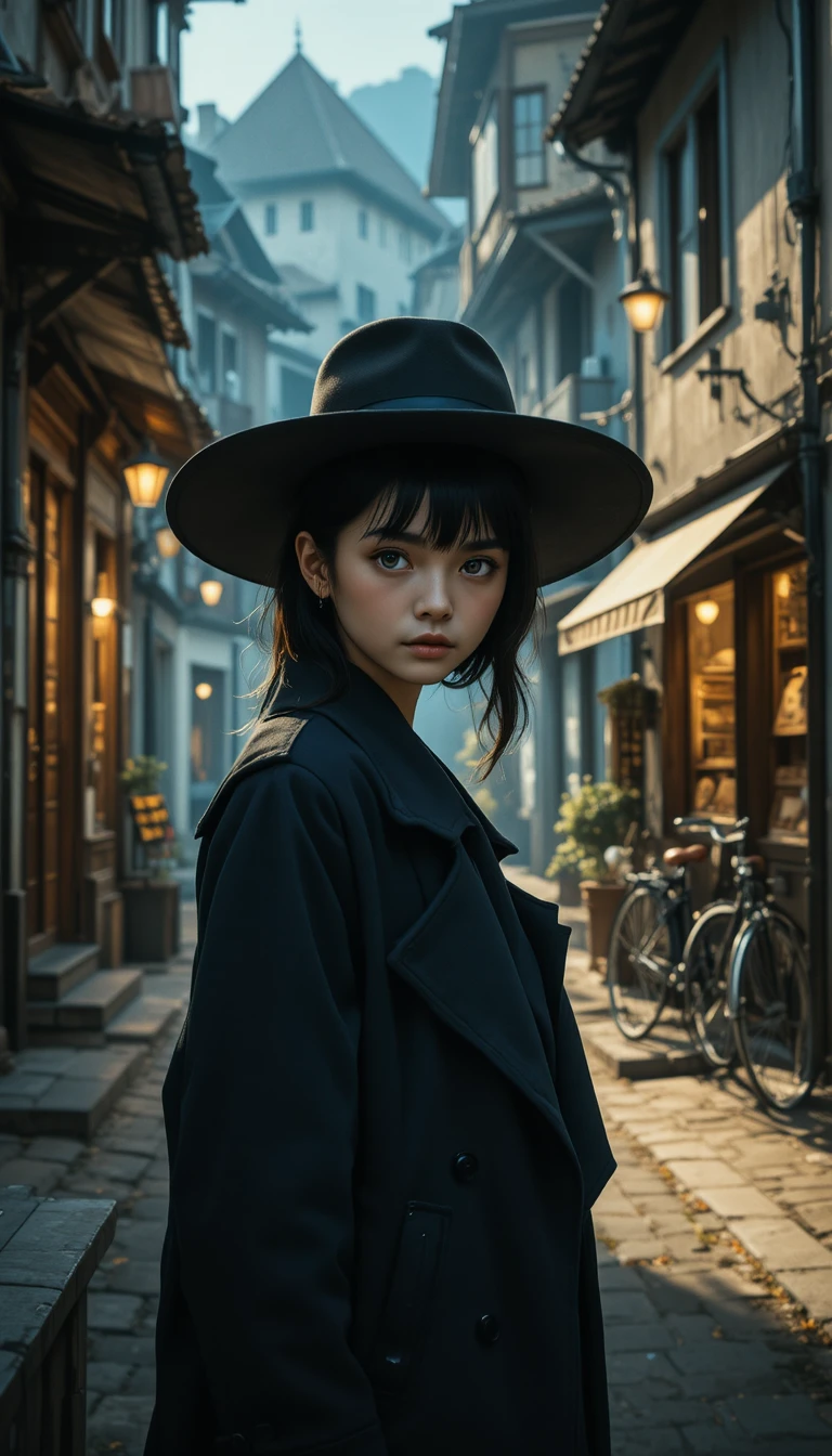 Melancholic anime schoolgirl standing in a dim urban alley