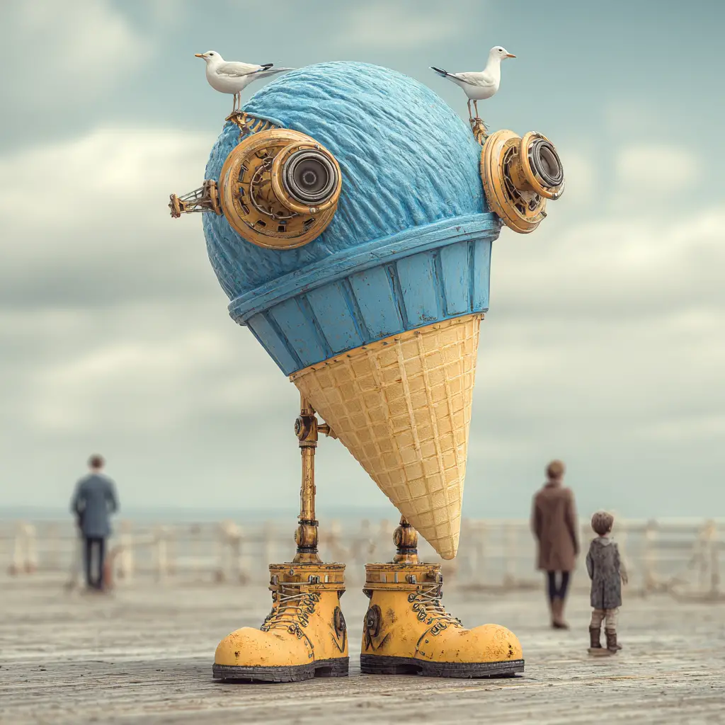 Criatura Surreal de Helado en un Muelle Junto al Mar