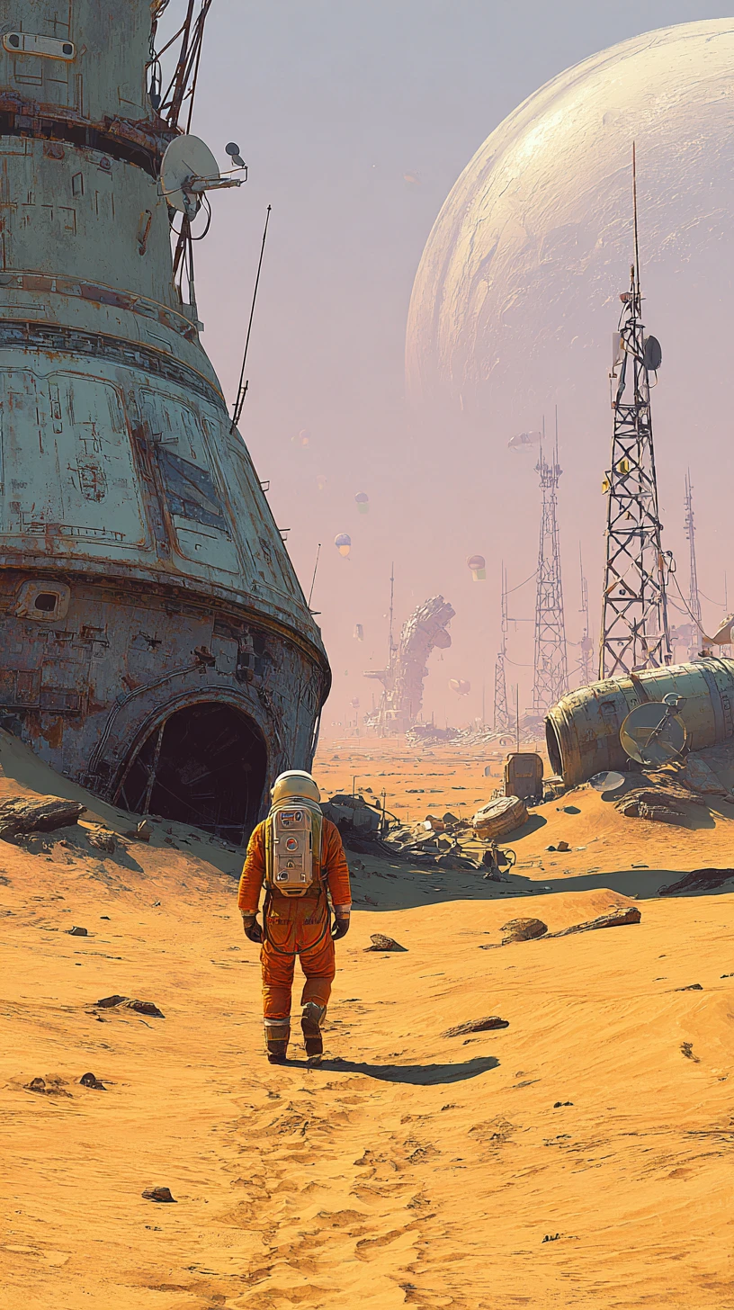 Astronauta solitario cruzando el desierto hacia un antiguo monolito alienígena