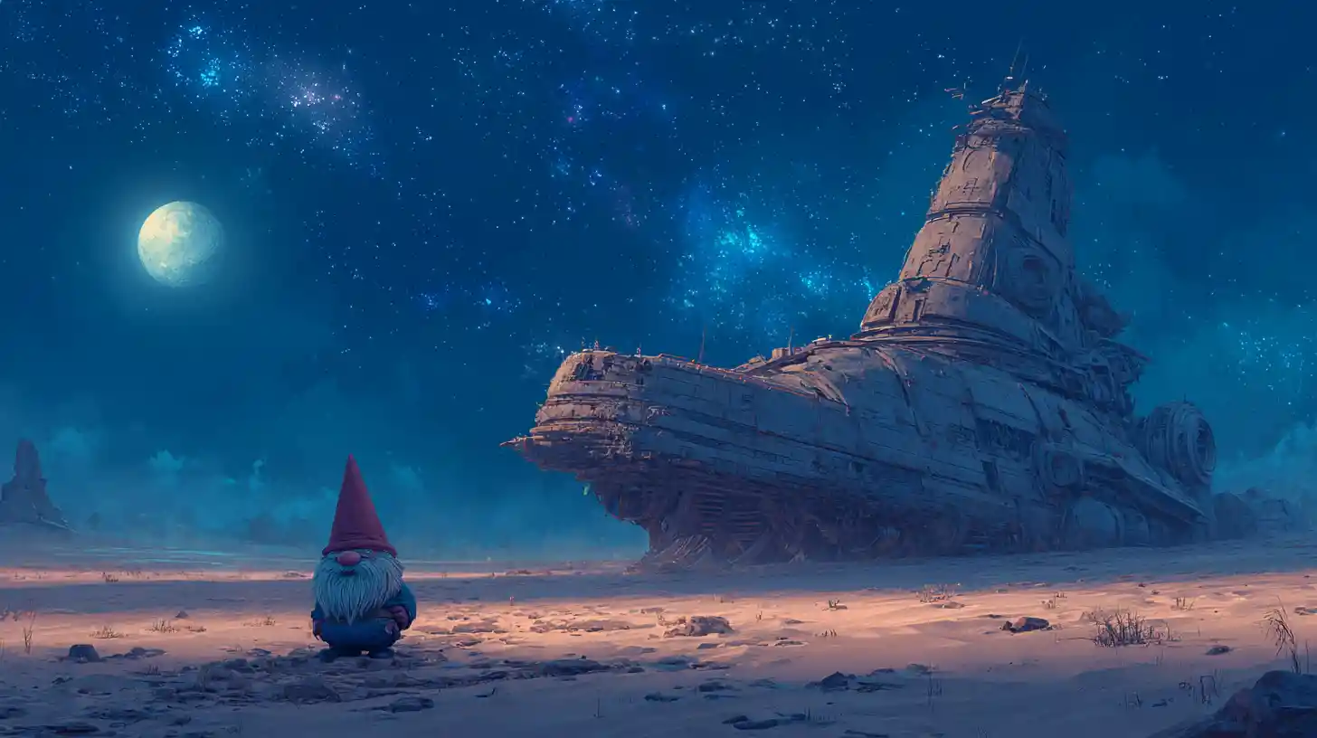 Gnome watching a colossal alien ship in desert night