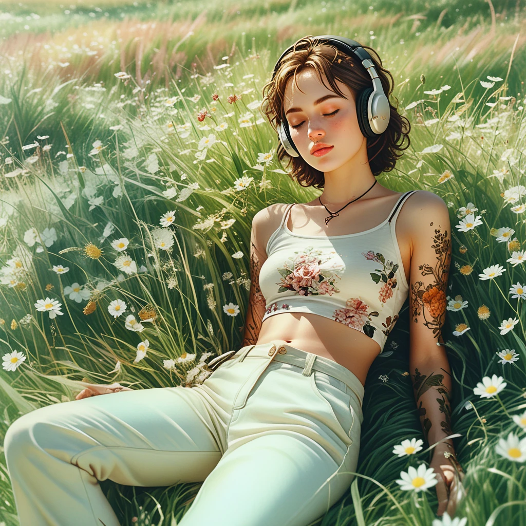 Young woman relaxing in a sunlit summer meadow
