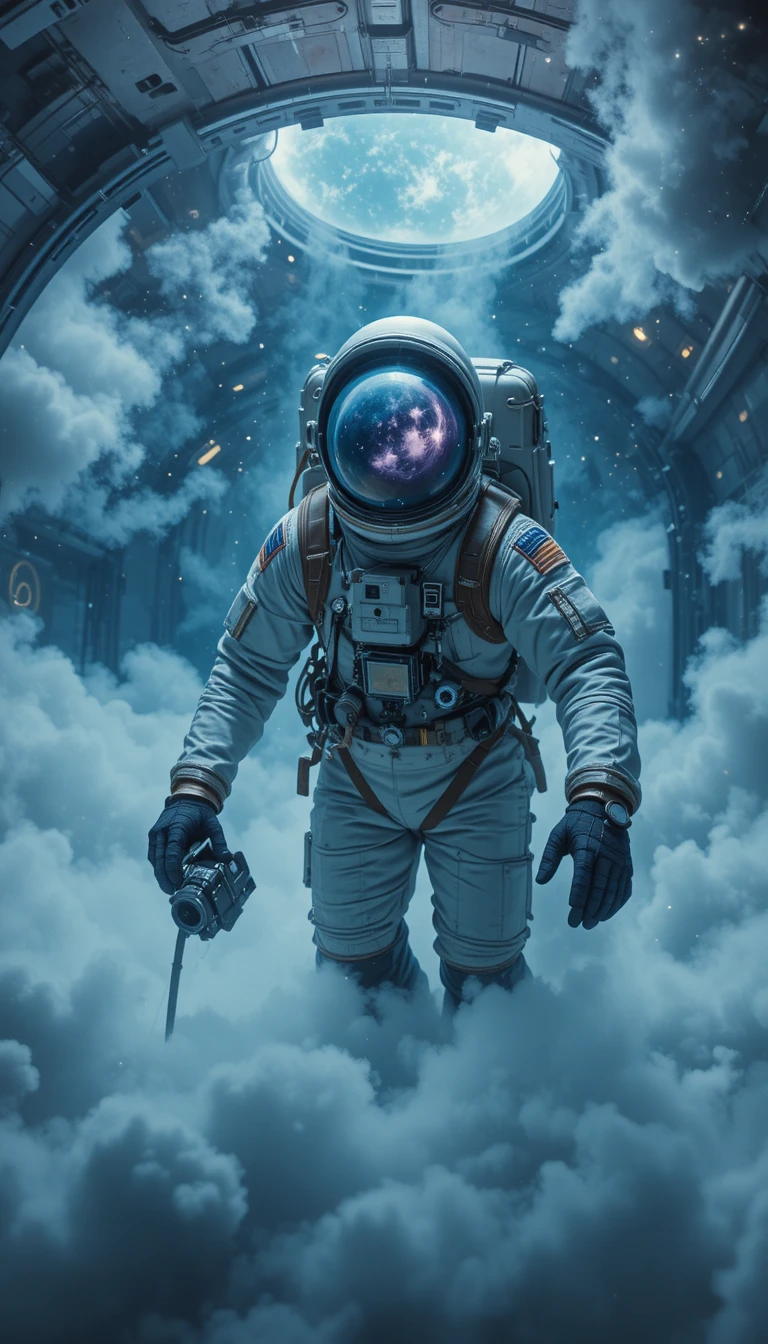 Astronaut Floating In Vintage Spacesuit Inside Surreal Nebula