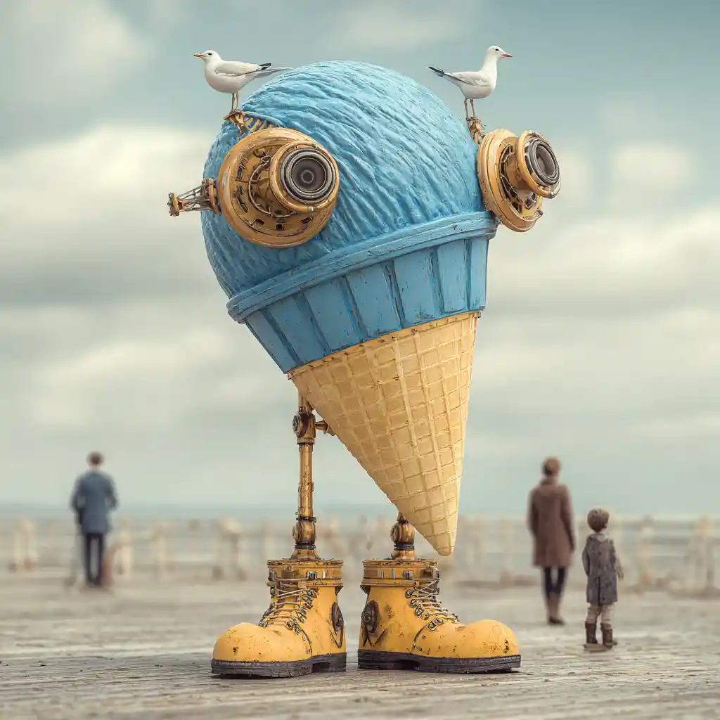Criatura Surreal de Helado en un Muelle Junto al Mar