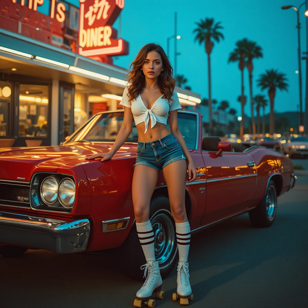 Waitress on roller skates by a classic red convertible