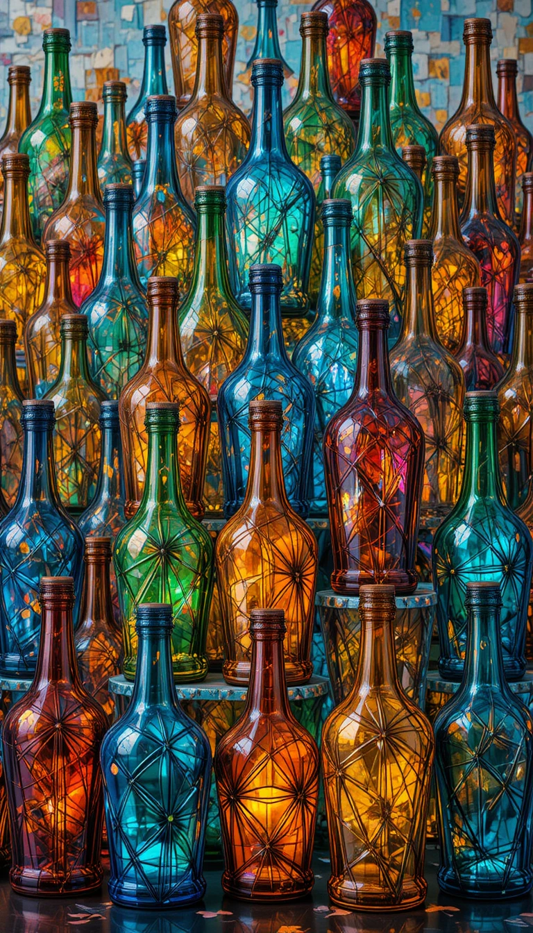 Colorful glass bottles in a geometric grid illustration