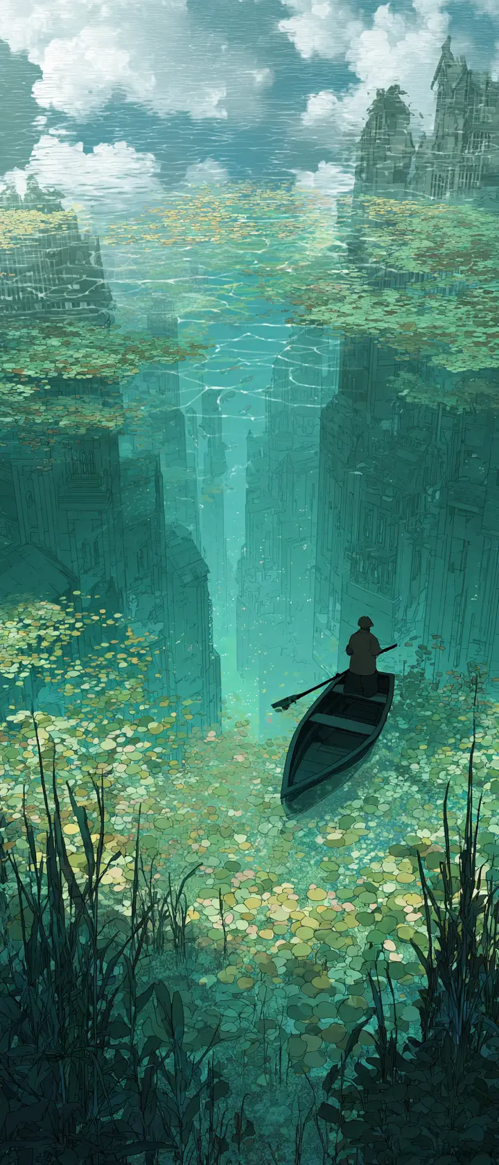 Anime lake split view with submerged village memories