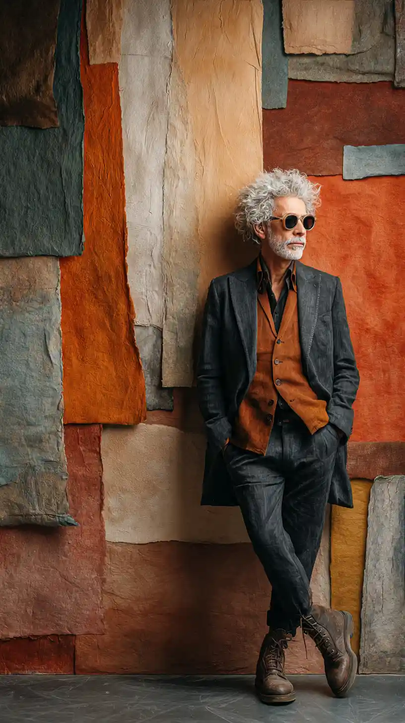 Stylish man in blazer leaning on abstract textured wall