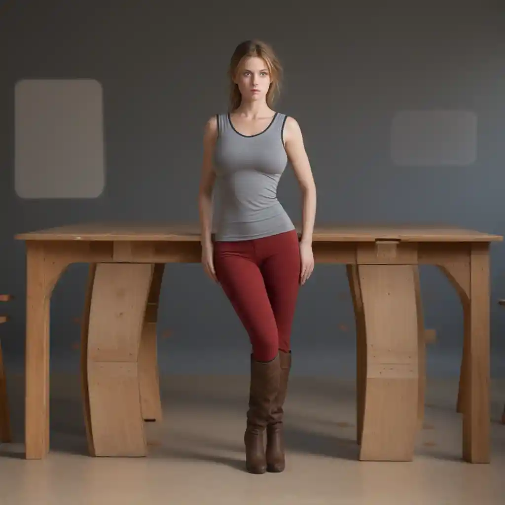 Worried red haired woman in red pants leaning on a table