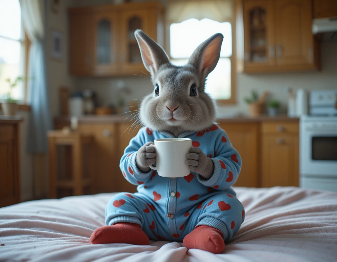 Adorable conejo gris en pijama sentado en una cocina acogedora