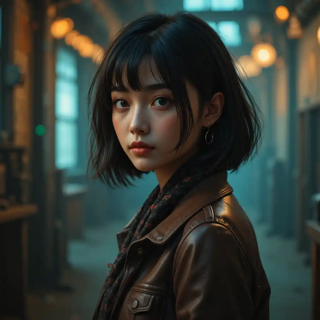 Cinematic portrait of a young woman in leather jacket