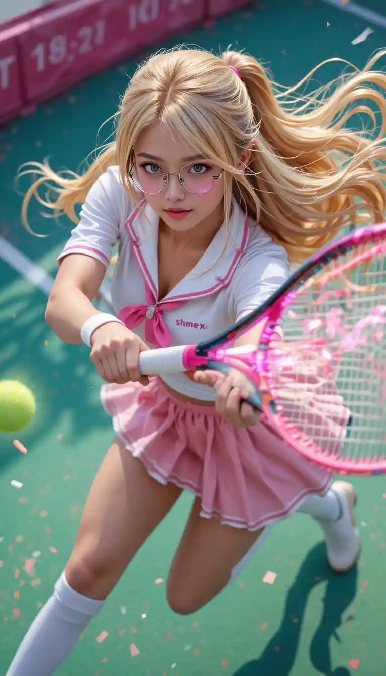 Ragazza del tennis in stile anime in movimento con racchetta luminosa