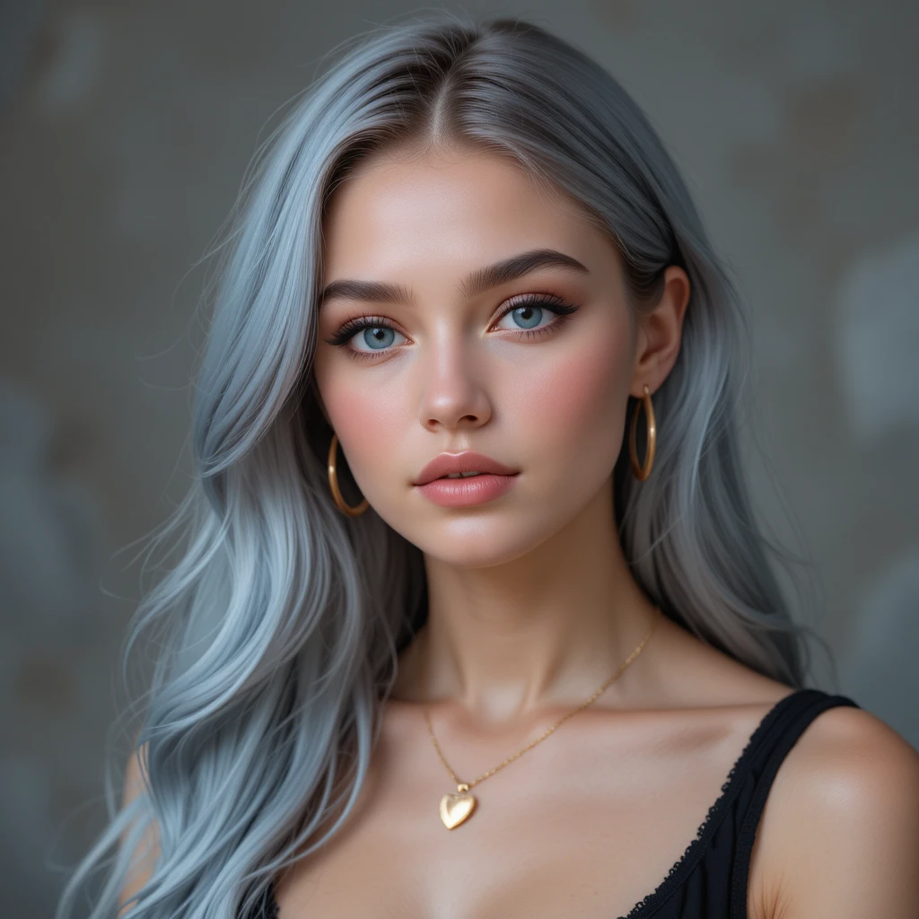Elegantes Porträt einer jungen Frau mit silberblauen Haaren
