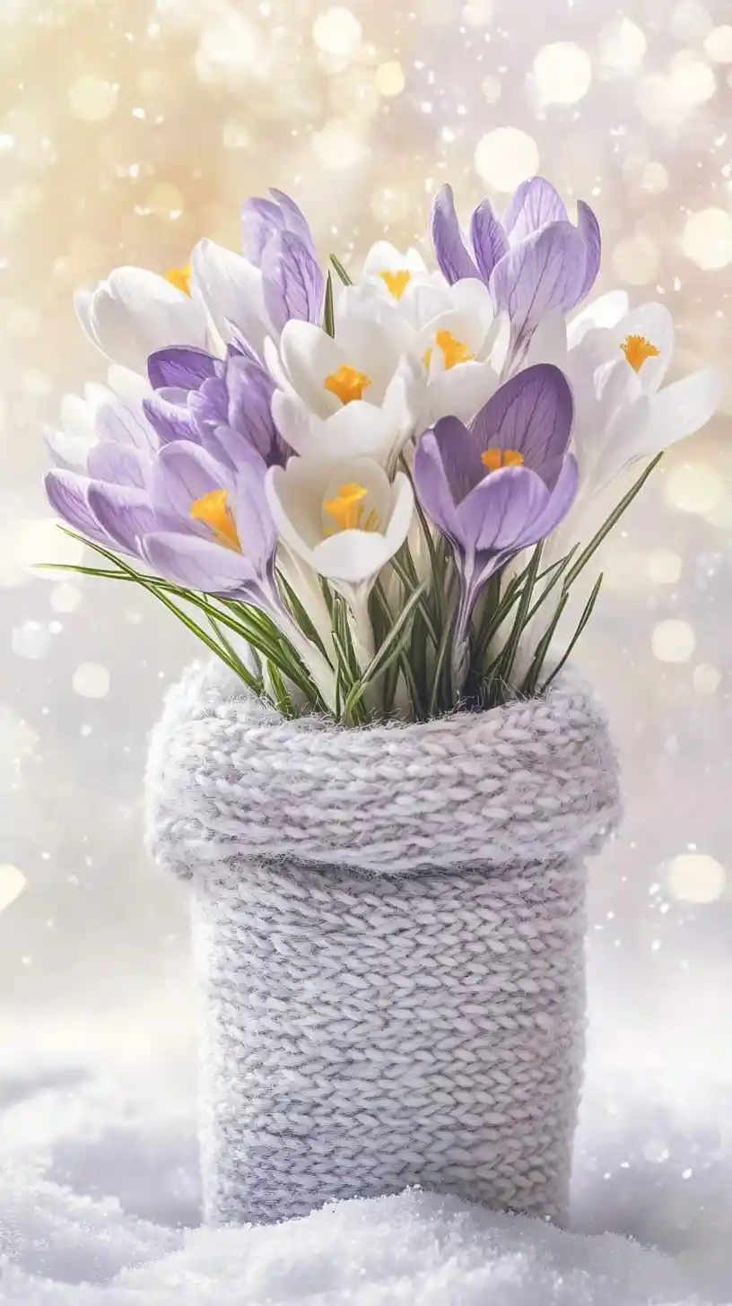 Spring crocus bouquet wrapped in a soft knitted scarf